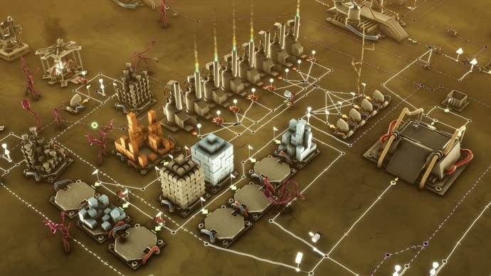 A factory is run by ants in Microtopia, including smoke and reserve and production facilities of some types in a sand brown area.