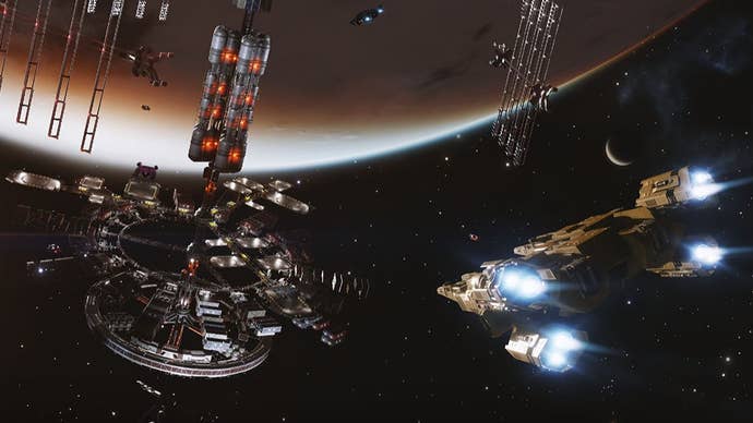 A spacecraft with four machines flying towards a space station turned around a glowing red planet.