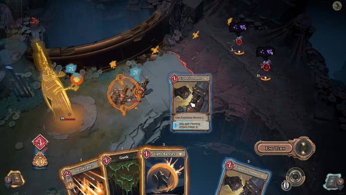 A battle from the moment we came down, with the three -dimensional picture of the left and the cards played to have soldiers attacking the monster Squidgy on the right side.
