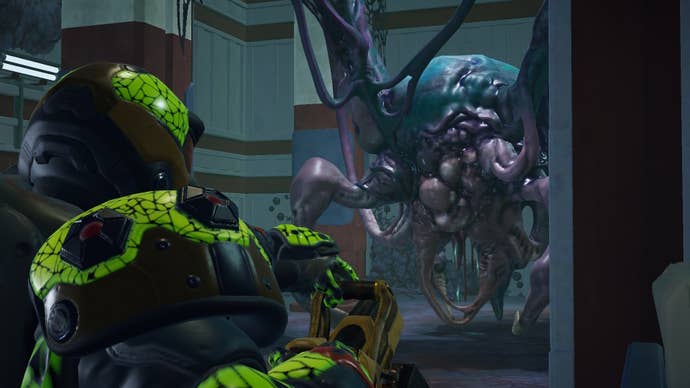 A soldier looked at an alien, aliens with tumors and crab legs, in the horror from the gap, a Phoenix point mod.