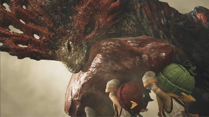 Close -up of a Quematrice, a large monster in Monster Hunter Wilds, bite into a large slab held by some Palico.