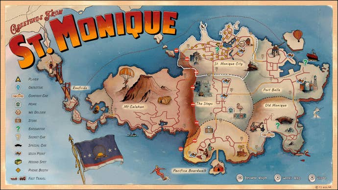 A map of the island of St Monique, shows different areas that players can drive.