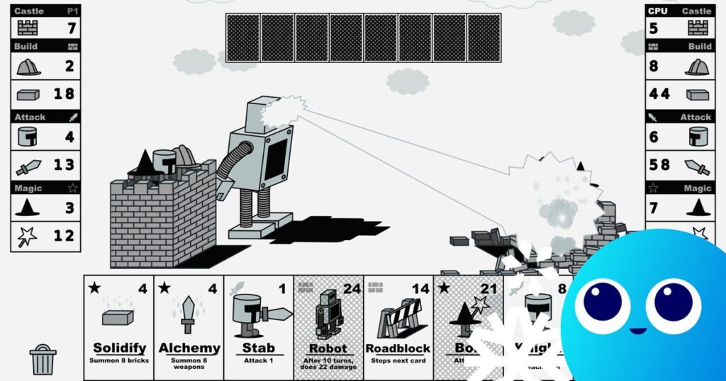 Castle V Castle is a flexible minimalist card game with robots, witches and emotional signs