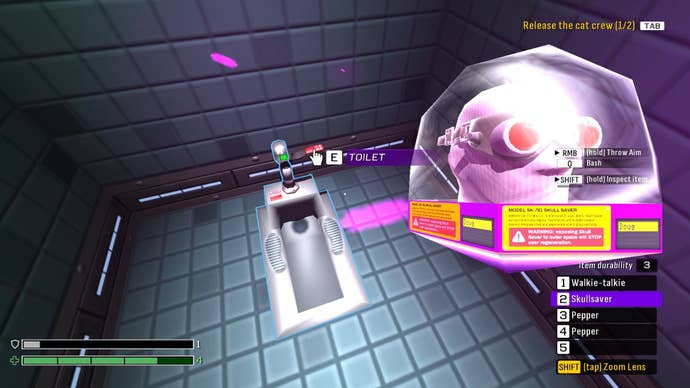 The player holds the head of the enemy and is about to spill it into the toilet into the space.
