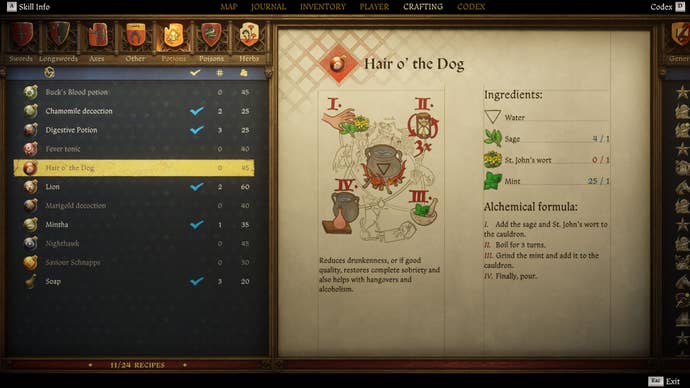 A screen in the Kingdom Come: Deliveryance 2 manufacturing menu displays the formula for the dog's hair.
