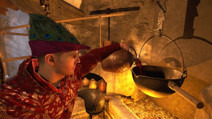 Henry, the main character at Kingdom Come: Deliveryance 2, poured alcohol from a jar into a cauldron at a fake bench.