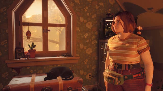 The protagonist Swann stood in her bedroom next to her black cat in Lost Records: Bloom & Rage.