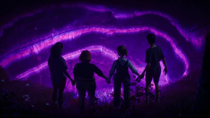 Four friends held hands, covered from behind against a glowing purple hole.