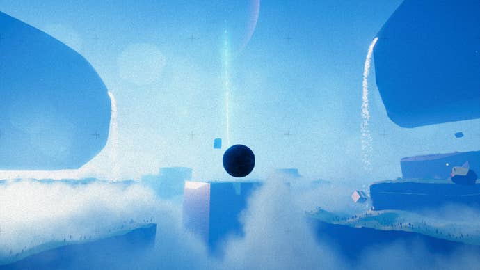 An EXO One screenshot shows a dark ball, seemingly floating on the spot, surrounded by the fog blue sky and what seems to be the floating islands.
