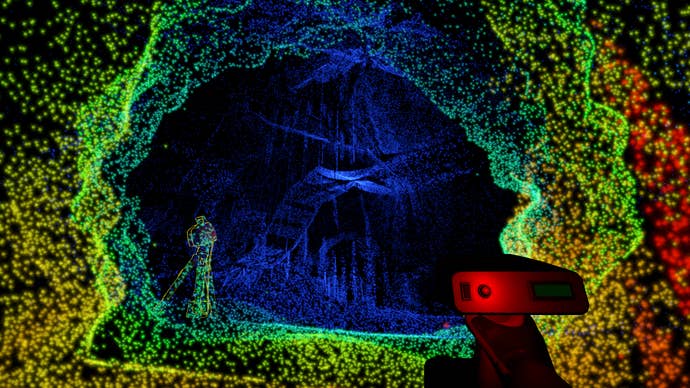 A cave in the sombrre scanner lit up by colored dots, with a bridge that can be seen in the background.