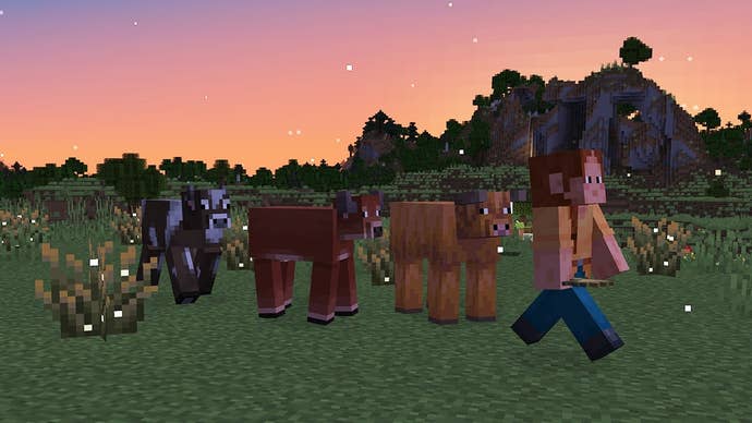 One player followed by three cows in the latest update of Minecraft, which added two cow variants.