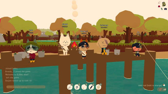 Five cats cast fishing roads on a pier in webfishing.