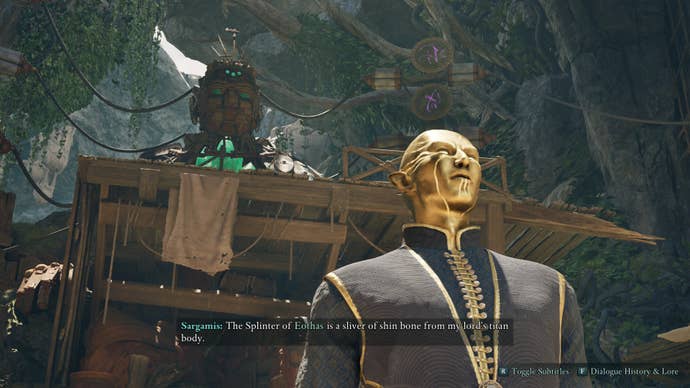 A golden -like skin called Sargamis talks about a mysterious item called Splind of Eothas, in this scene cutting video has been acknowledged.