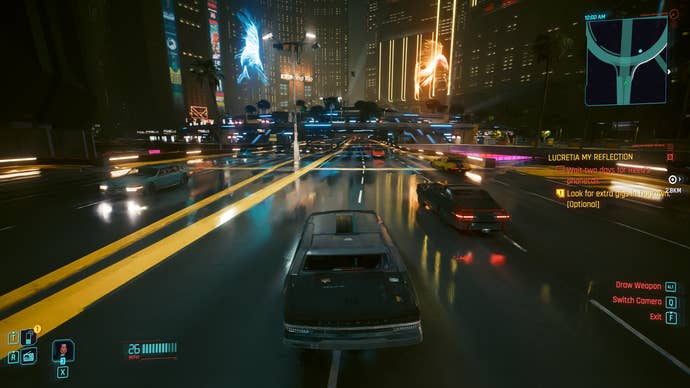 A scene driving at night in Cyberpunk 2077: Phantom Liberty, with the reconstruction of DLSS 3.5 rays is turned on.