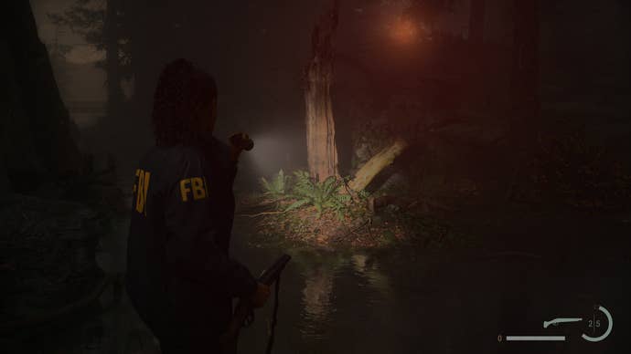 A dark forest scene in Alan Wake 2, with rail search on its high pre -settings.