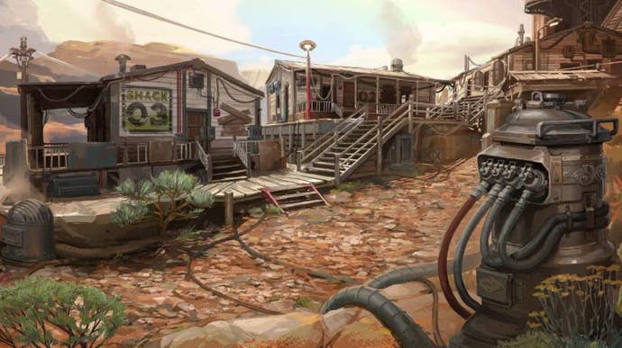 A drawing of a muddy road lined by low Retro scientists with cables leaking out of a structure at the bottom right.