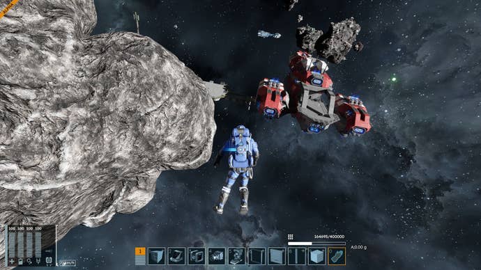 A blue astronaut floating with his legs dangling a red ship.