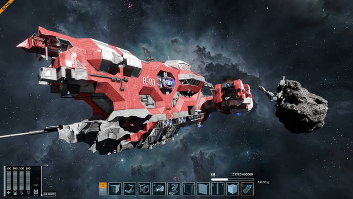 A giant red cargo transportation towards the player in the space.