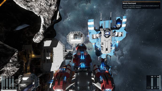 A red space ship crashed into a assembled platform, hitting another large ship in impact.