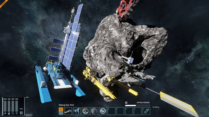 A collection of spacecraft floating before a asteroid.