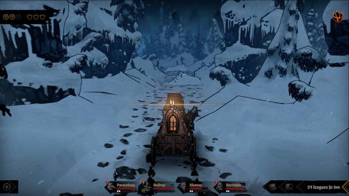 A carriage passes through the snowy mountains in Darkest Dungeon 2