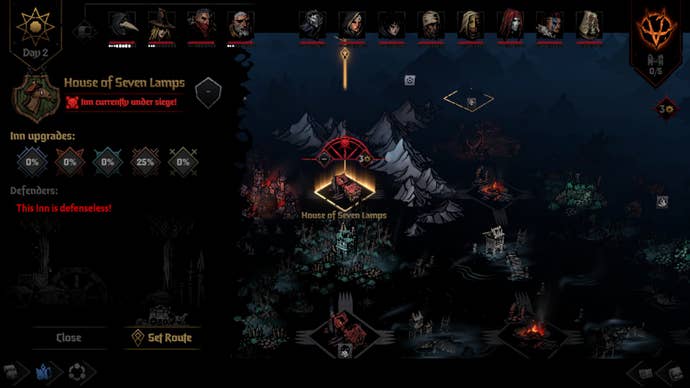 Kingdom map screen in Darkest Dungeon 2, displaying roads and inns with one of the surrounded inns