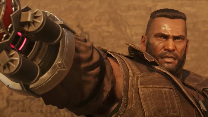 A close -up of Barrett from Final Fantasy 7 Rebirth, holding his arm forward.