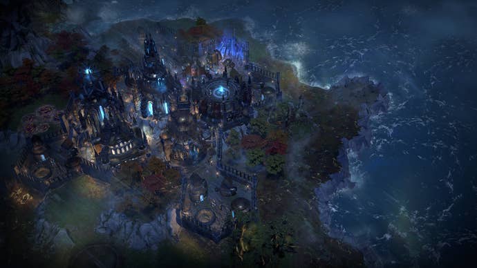 A dark area full of mood in endless legend 2, with a glowing city near the shore
