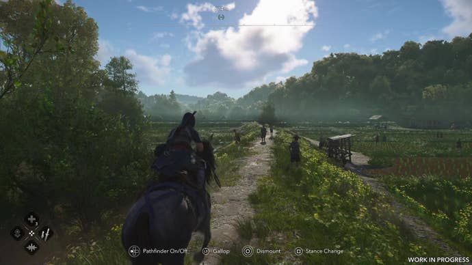 Riding a horse through a peaceful rice.