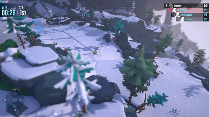 A skateboard of the driver through the thick snow between some trees and rocks in lonely mountains: snow -riding people.