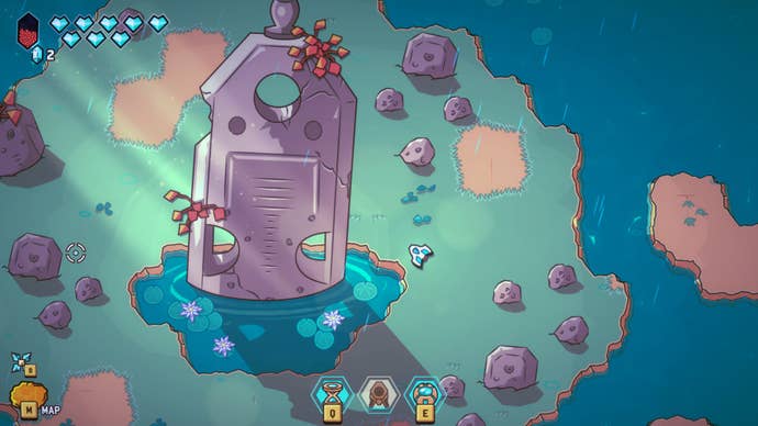 Minishoot lies on an island next to a giant statue emerging from a pond in the adventures of the minishoot.