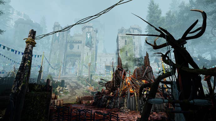 A view of a castle was destroyed through a pagan farm full of fields in Atomfall
