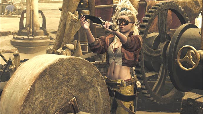 Gemma The Blacksmith, an important NPC in Monster Hunter Wilds, checked a knife she was grinding at the wheel in her Smithy.