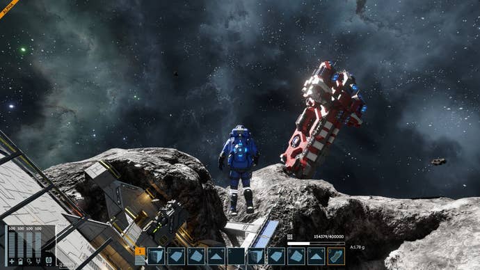 A astronaut in a blue space shirt and checked a ship falling in the distance.