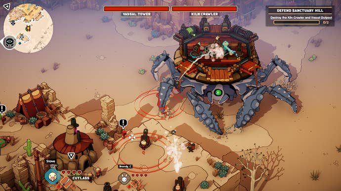A Walker's exchange of cannon with a static defense system in Dunecrawl's demo.