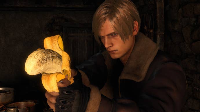 Leon Kennedy of Resident Evil 4 holds a banana instead of a gun, thanks to a mod.