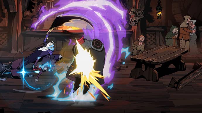 Galandra beat an enemy wearing a red mask with the strong slash of purple energy.
