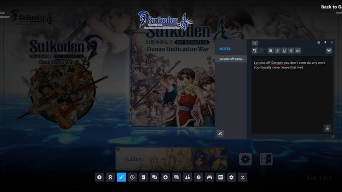 A screenshot of Steam's notes in Suikoden Remastered.