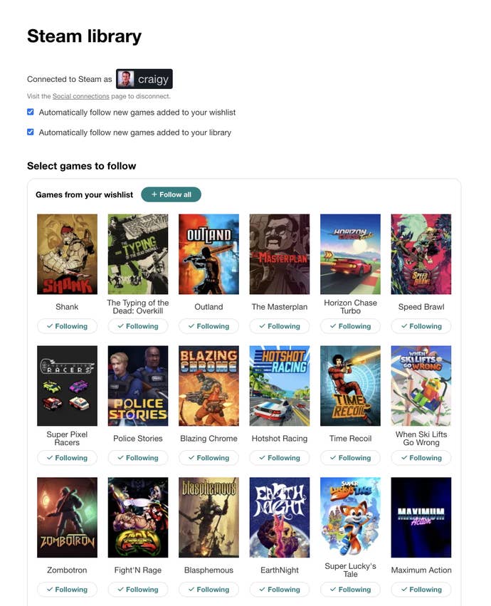 A screenshot of Craigy's imported steam library.