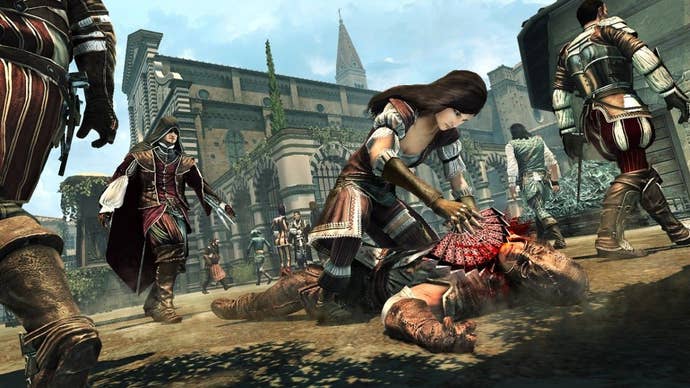 A courtesy to kill someone with a fan of razor among many players of Assassin Creed Brotherhoods, surrounded by other characters can also be assassin.