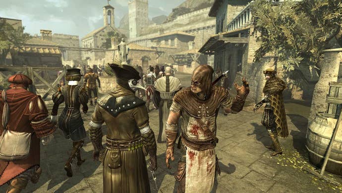 A crowd of characters passing by each other in Assassin Creed Brotherhood. At the front, a executive in a hood seems to be reaching out to his ax.
