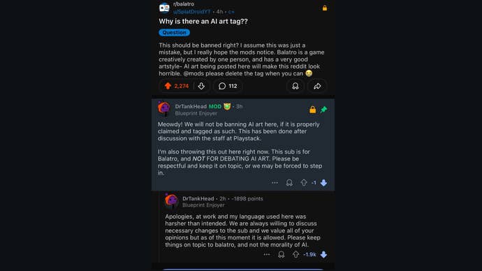 A debate in Subreddit Balatro about AI art.