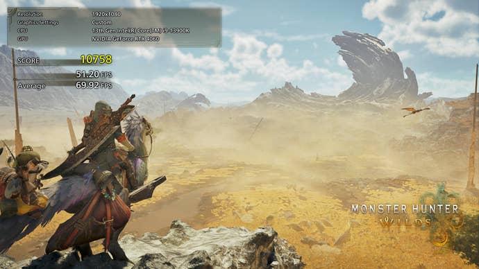 Looking out a grass plain in the Monster Hunter Wilds benchmark tool.