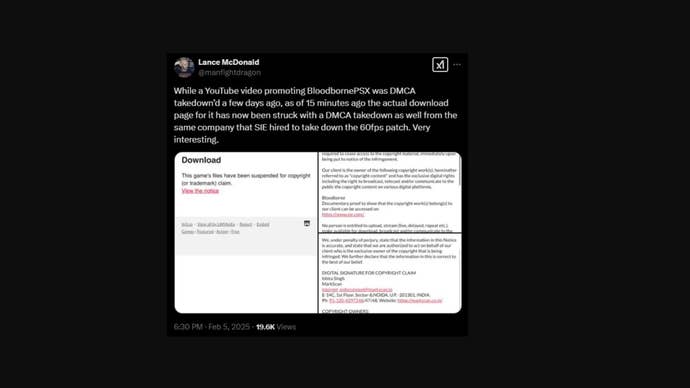 A tweet of Lance McDonald explains Sony Takedowns of Bloodborne PSX.