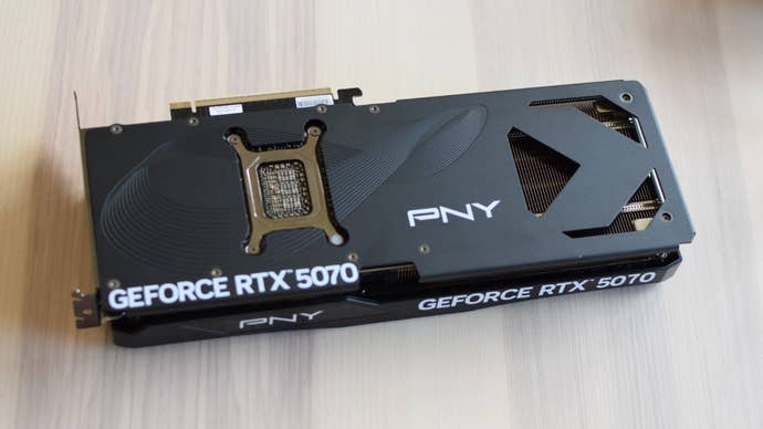 PNY GeForce RTX 5070 OC on the board, on the back.