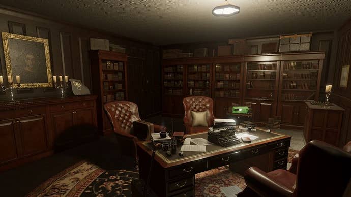 A learning room in the Blasdale map for Phasmophobia, shows luxurious armchairs and elaborate decorative bookcases.