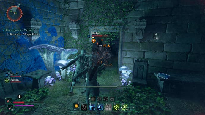 The special envoy and Kai attacked a shadow in a prison bunker. The special envoy is dealing fire damage thanks to a unique handy weapon.
