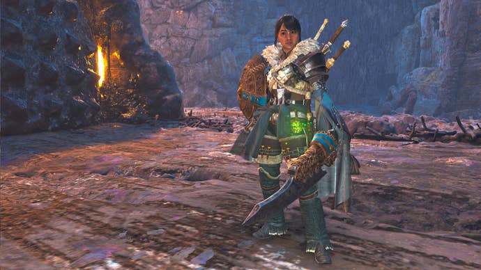 A female hunter in Monster Hunter Wilds sets in front of the camera with their choice weapons, swords and shields.