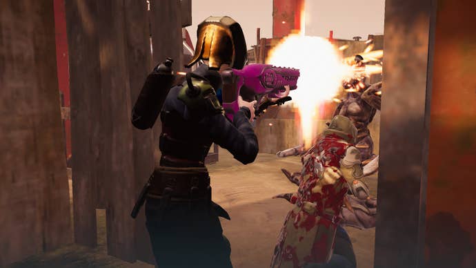 A soldier behind a wall shot at an alien in terrorism from The Void, a Phoenix Point mod.
