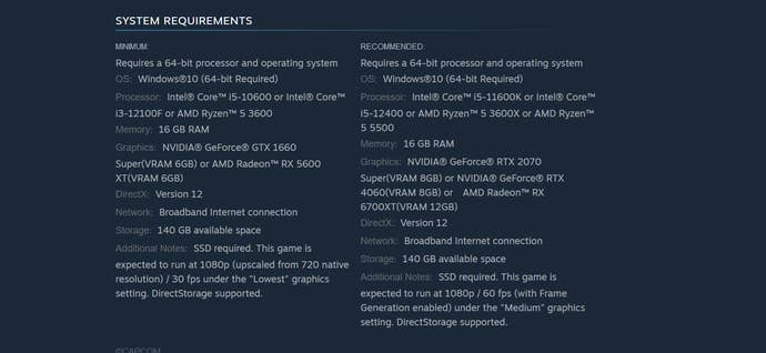 Request PC system for Monster Hunter Wilds, as listed on Steam on January 21, 2025
